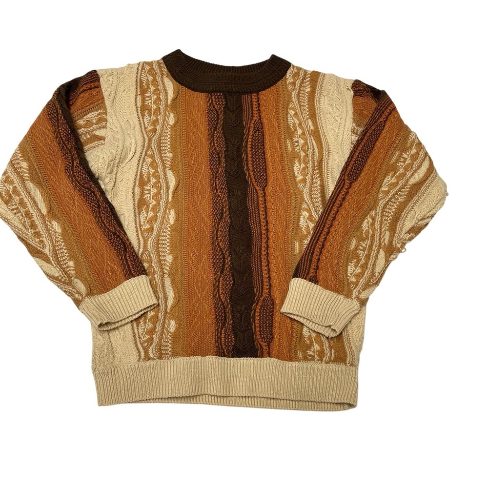 Vintage Raw Blue Sweater 3D Knit Textured Brown KIds Boys S 10 Cosby Dad Grunge